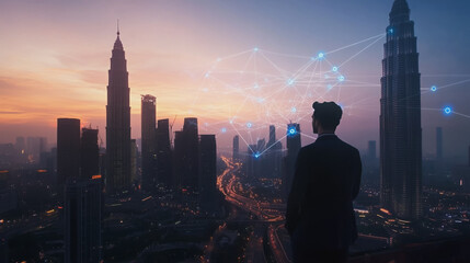 Abstract business man stands on the peak of success amid tall, innovative Smart city and graphs with statistics to analyze business potential and predict future developments in company growth.