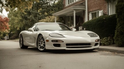 Fototapeta premium White sports car parked on residential street.