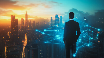 Abstract business man stands on the peak of success amid tall, innovative Smart city and graphs with statistics to analyze business potential and predict future developments in company growth.