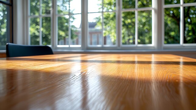 Sunlit Wooden Table by Large Window
