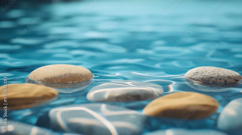 Aufkleber smooth stones float gently on calm, blue water surface; sunlight reflects, creating ripples and shad