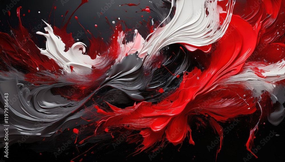 Poster striking abstract artwork red and grey paint splatters create a dynamic contrast on a black backgrou