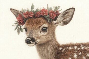 Obraz premium Cute Fawn with Floral Crown in Soft Pastel Colors Artwork