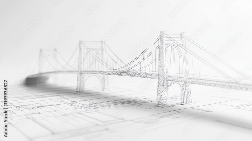 Poster architectural design: wireframe bridge model on blueprint