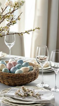 Elegant spring table setting with pastel easter eggs and blooming branches