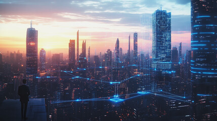 Fototapeta premium Abstract business man stands on the peak of success amid tall, innovative Smart city and graphs with statistics to analyze business potential and predict future developments in company growth.