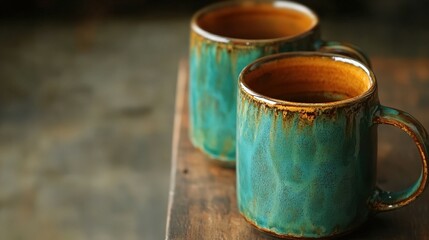 Ceramic mugs filled with coffee on a rustic wooden table