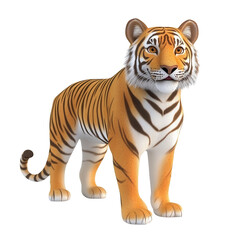 Obraz premium Realistic tiger standing tall in a vibrant pose against a plain background, showcasing its distinct orange and black stripes isolated on transparent background