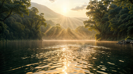 A pastoral scene of a calm, serene river. A golden mountain range in the background and golden reflections. Trees on the river's banks. A warm and relaxing atmosphere. Leisure time.