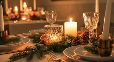 Table with a candle in the middle and a bunch of pine cones on it