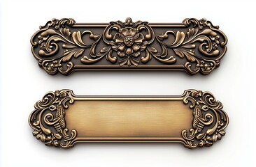Ornate Brass Nameplate: A pair of meticulously crafted brass nameplates with intricate floral designs, one featuring a blank space for inscription, ideal for adding a touch of vintage elegance. 