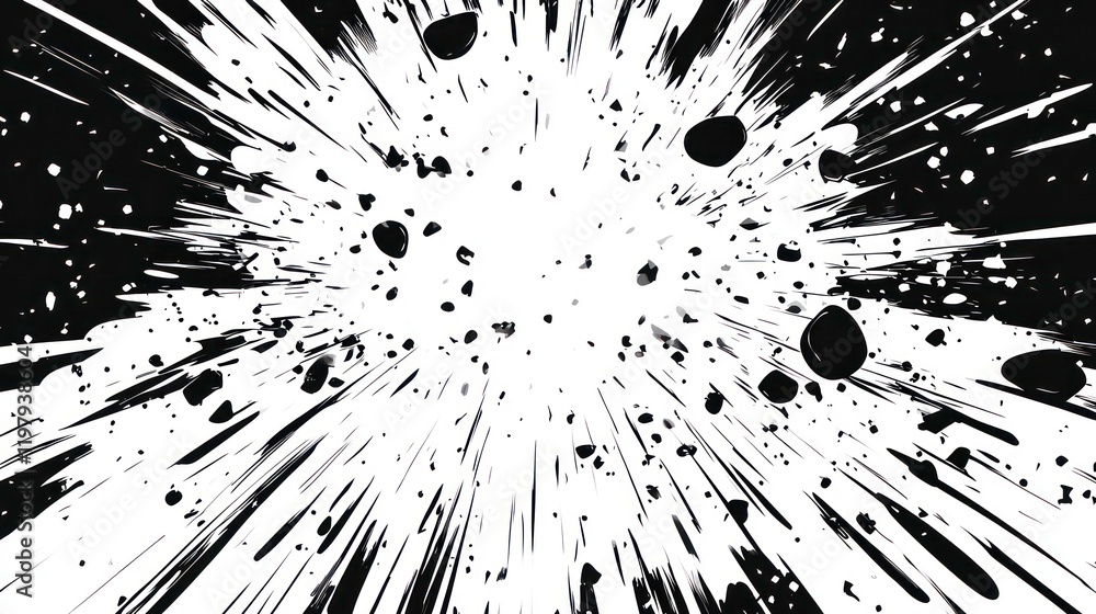 Poster abstract black and white explosion with radiating lines and scattered particles.