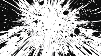 Abstract black and white explosion with radiating lines and scattered particles.