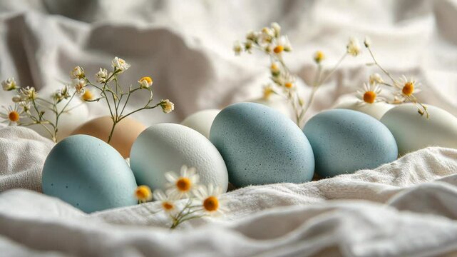 Pastel easter eggs gently nestled among delicate flowers on soft fabric