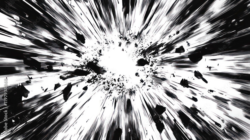 Poster abstract black and white image depicting a high-speed explosion or burst of energy with radiating li