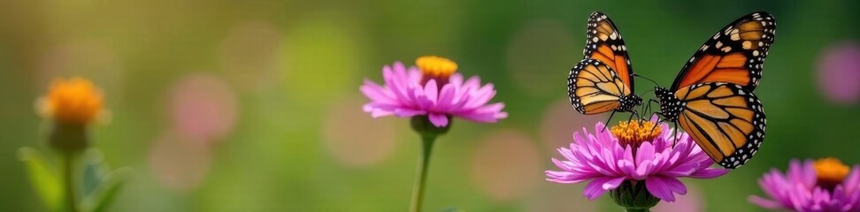 Two monarch butterflies nectaring on vibrant purple coneflowers , detail, fauna, macro photography