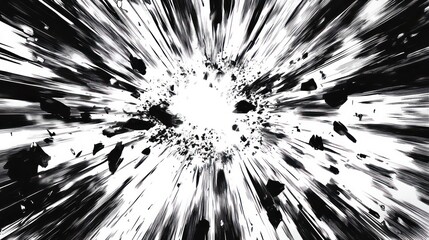 Abstract black and white image depicting a high-speed explosion or burst of energy with radiating lines and debris.