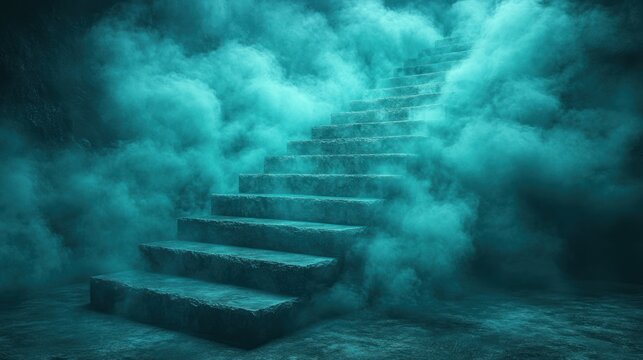 Mysterious staircase emerging from swirling fog, evoking a sense of adventure and exploration