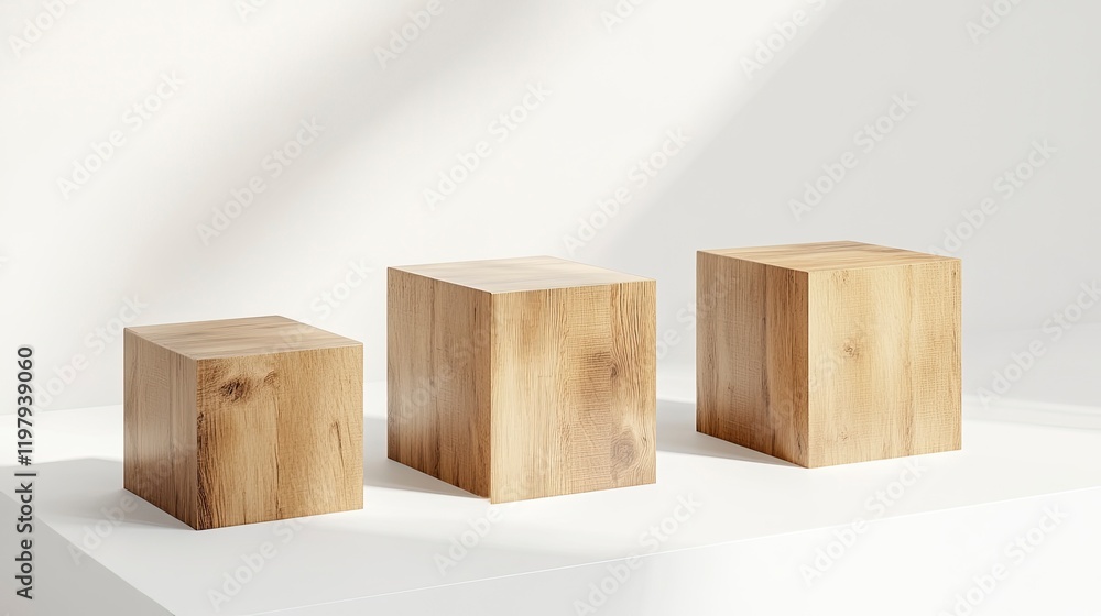 Poster wooden cube podium with white background for product presentation, minimal mockup scene 3d rendering