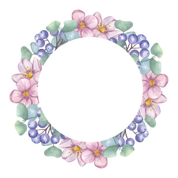 recommend clip art: Blue dogwood berries, pink flower, eucalyptus leaves round wreath frame. Greenery foliage clipart. Hand drawn watercolor illustration background. Botanical art for wedding invitation, save the date