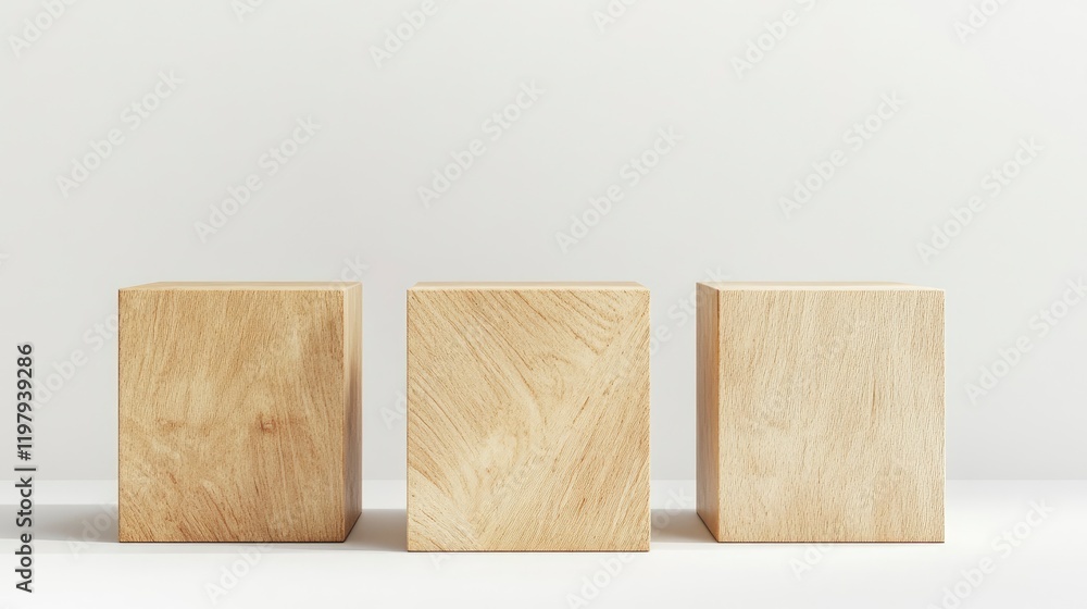 Poster wooden cube podium with white background for product presentation, minimal mockup scene 3d rendering