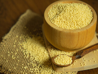 Raw organic millet groats in bowl with wooden spoon on rough napkin and wooden background