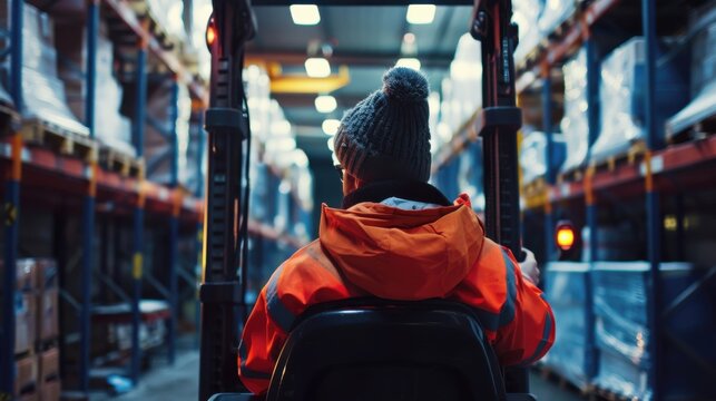 Warehouse worker driving a forklift while preparing products for shipment and checking stock