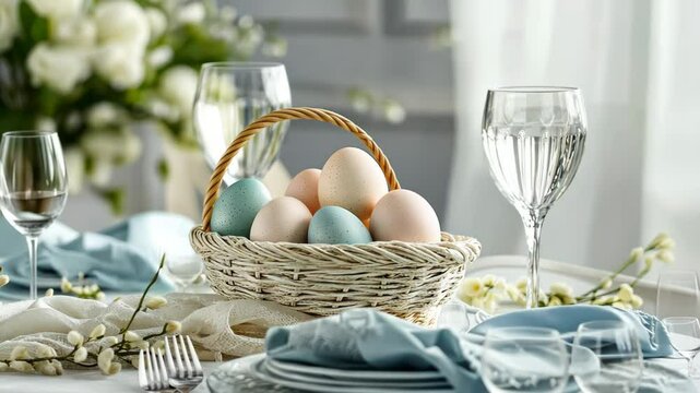 Elegant easter table setting with pastel egg basket and fine glassware