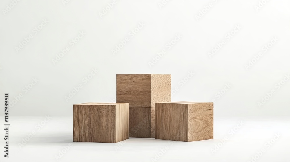 Poster wooden cube podium with white background for product presentation, minimal mockup scene 3d rendering