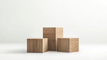 Wooden cube podium with white background for product presentation, minimal mockup scene 3D rendering illustration. Stock photo with 2/3 space for text.
