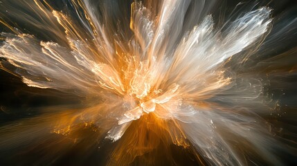 Fototapeta premium Abstract golden and white explosion radiating outwards on black background.