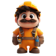Cute cartoon character in orange work outfit with tools, posed for fun activity isolated on transparent background