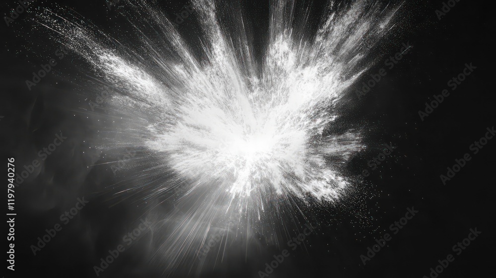 Aufkleber abstract grayscale explosion with bright center and radiating particles on black background.