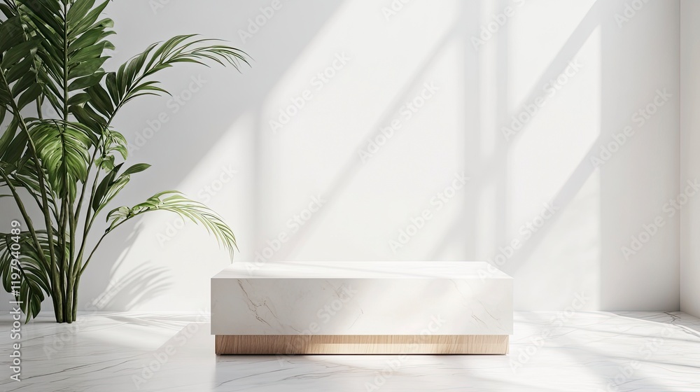 Poster wooden cube podium with white background for product presentation, minimal mockup scene 3d rendering