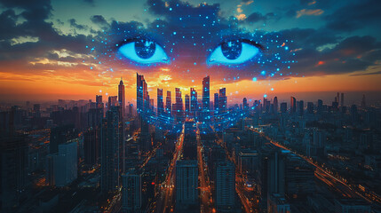 Fototapeta premium Abstract business man stands on the peak of success amid tall, innovative Smart city and graphs with statistics to analyze business potential and predict future developments in company growth.