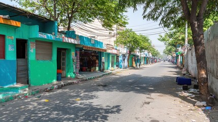Obraz premium Deserted street, colorful shops, urban decay, India, travel