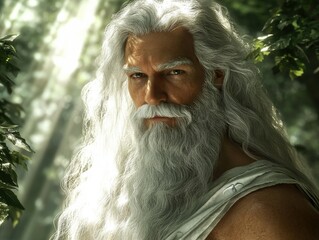 Ancient deity with flowing white hair in a sunlit forest setting