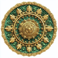 Fototapeta premium Opulent Green and Gold Ceiling Medallion: A detailed close-up reveals an exquisite circular ceiling medallion, boasting intricate gold and green designs.
