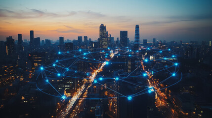 Fototapeta premium Abstract business man stands on the peak of success amid tall, innovative Smart city and graphs with statistics to analyze business potential and predict future developments in company growth.