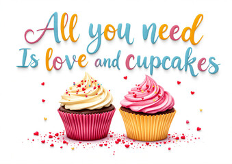 Colorful phrase "All you need is love and cupcakes" with decorative hearts. Kitchen funny quote