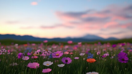 Colorful flower field at sunset with mountains in the distance