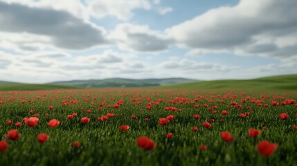 Fototapeta premium Vibrant red flowers blanket a tranquil green landscape under cloudy sky