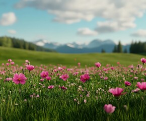 Fototapeta premium Expansive meadow filled with vibrant pink flowers against mountain backdrop