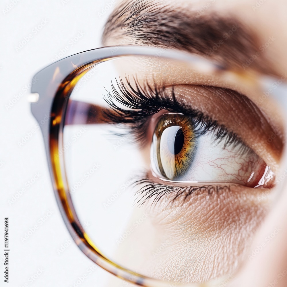 Poster close up view of a human eye with glasses reflecting light in a bright setting capturing intricate d