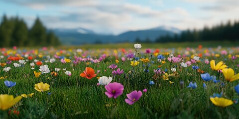 Obraz premium Colorful wildflower field in spring with mountains in the background