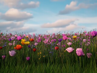 Obraz premium Vibrant wildflower field under a sunny sky with fluffy clouds