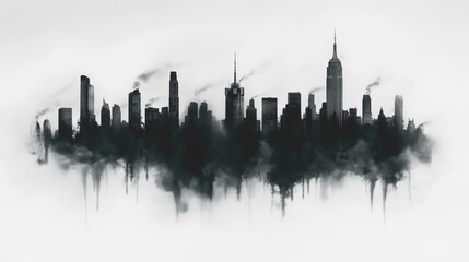 Fototapeta premium Silhouette of a city skyline with smoke and mist, showcasing iconic towers and urban life in a dramatic atmosphere