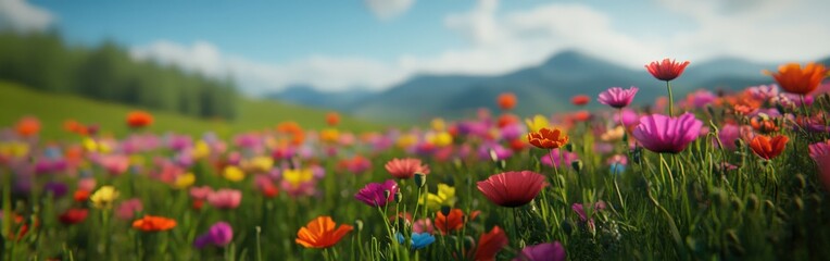 Obraz premium Colorful wildflower meadow under bright blue sky with distant mountains