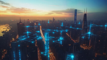 Obraz premium Abstract business man stands on the peak of success amid tall, innovative Smart city and graphs with statistics to analyze business potential and predict future developments in company growth.