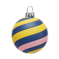 A 3D illustration of a Christmas ornament with yellow, blue, and pink stripes, featuring a small loop at the top for hanging, isolated on a white background